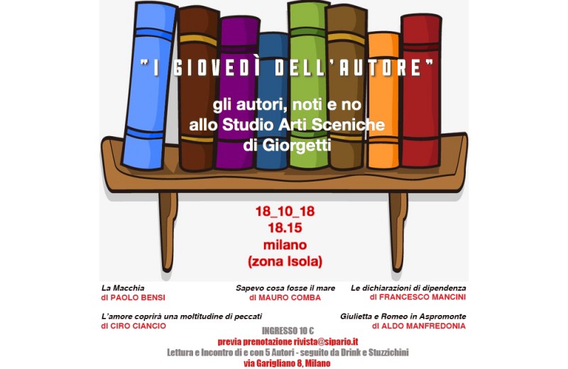 MILANO:&quot;I Giovedì dell&#039;Autore&quot; allo Studio Arti Sceniche di Sipario - 18 ottobre, ore 18.15